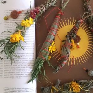 Sun themed herbal wands with rosemary and sage handmade cottagecore home smudge